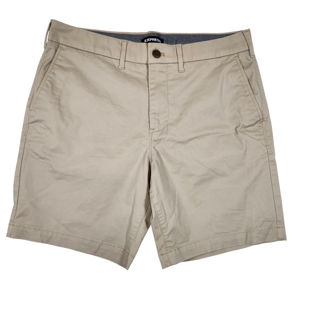 Express Mens Khaki Tan Chino Shorts Size 32 Cotton Stretch Flat Front 023530075